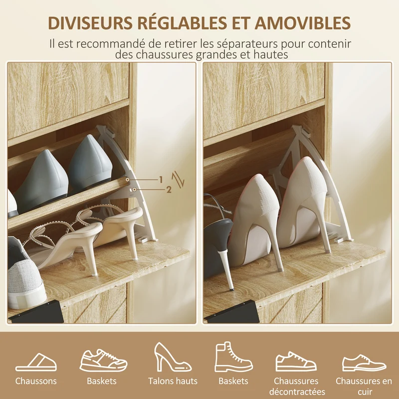 Meuble à chaussures étroit 60 x 24 x 105.5 cm 8 paires tiroir coulissant pratique moderne en panneau de particules chêne 21_0002743