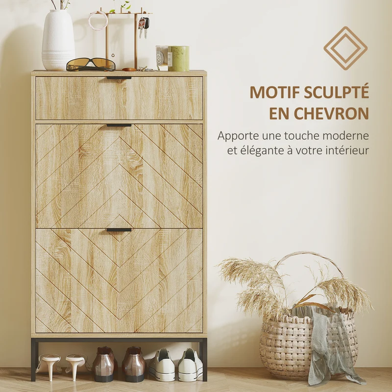 Meuble à chaussures étroit 60 x 24 x 105.5 cm 8 paires tiroir coulissant pratique moderne en panneau de particules chêne 21_0002743