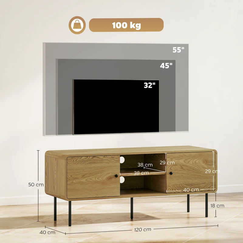 Meuble télé bas pour salon 120 x 40 x 50 cm grand rangement et coins arrondis sécurisés scandinave moderne en MDF chêne 21_0003547