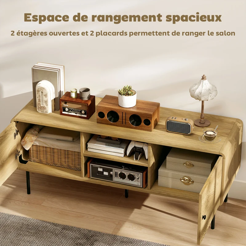Meuble télé bas pour salon 120 x 40 x 50 cm grand rangement et coins arrondis sécurisés scandinave moderne en MDF chêne 21_0003547