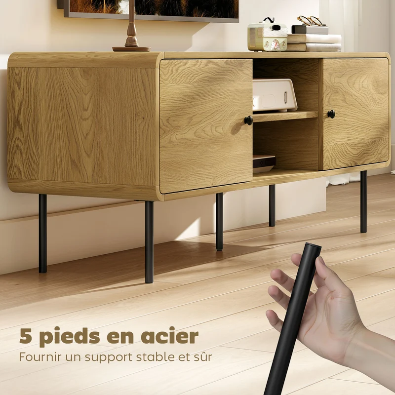 Meuble télé bas pour salon 120 x 40 x 50 cm grand rangement et coins arrondis sécurisés scandinave moderne en MDF chêne 21_0003547