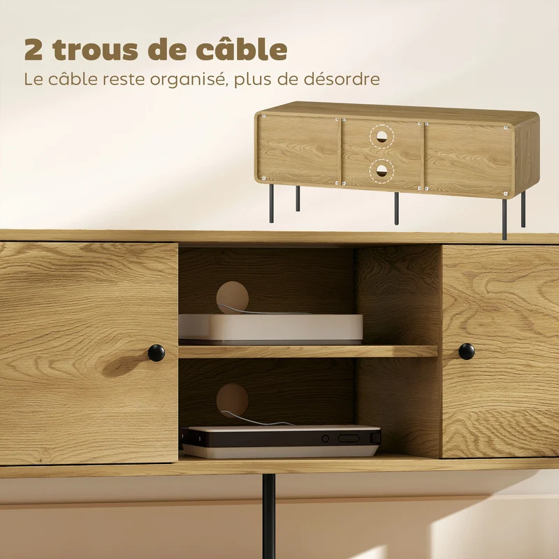 Meuble télé bas pour salon 120 x 40 x 50 cm grand rangement et coins arrondis sécurisés scandinave moderne en MDF chêne 21_0003547