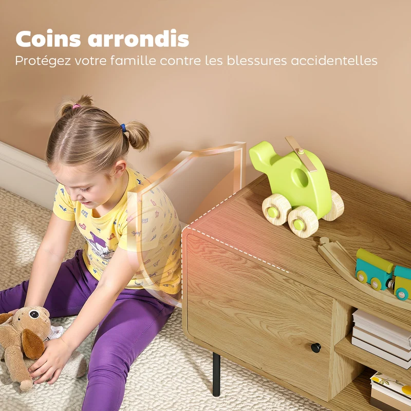 Meuble télé bas pour salon 120 x 40 x 50 cm grand rangement et coins arrondis sécurisés scandinave moderne en MDF chêne 21_0003547