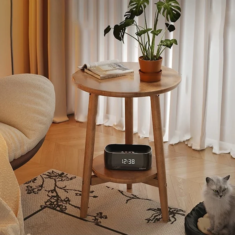 Traditional Vintage Rubber Wood Round Cylinder End Table 2-Tier For Living Room