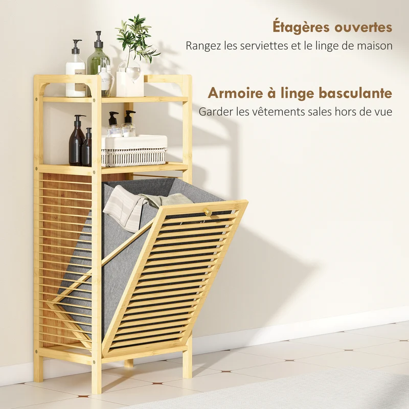 Meuble de rangement pour linge étagère panier amovible 37 l 40 x 30 x 95 cm scandinave épuré en bambou bois naturel 21_0002110