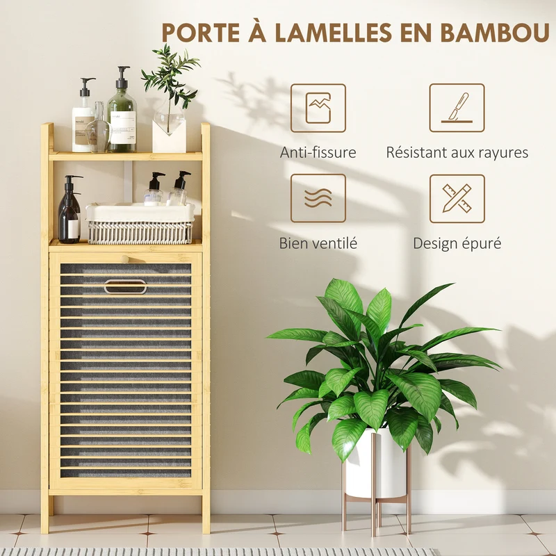 Meuble de rangement pour linge étagère panier amovible 37 l 40 x 30 x 95 cm scandinave épuré en bambou bois naturel 21_0002110