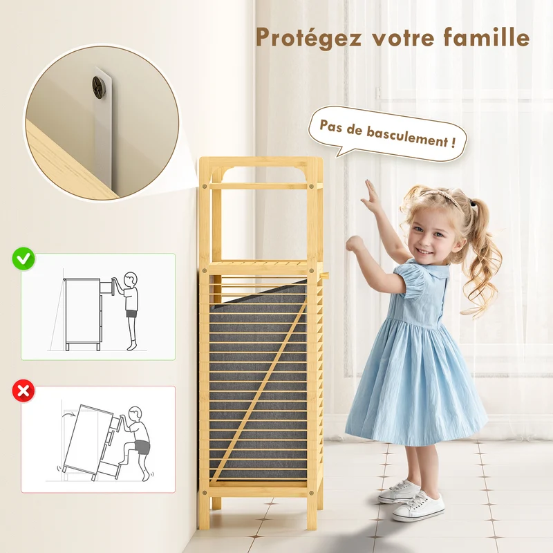 Meuble de rangement pour linge étagère panier amovible 37 l 40 x 30 x 95 cm scandinave épuré en bambou bois naturel 21_0002110