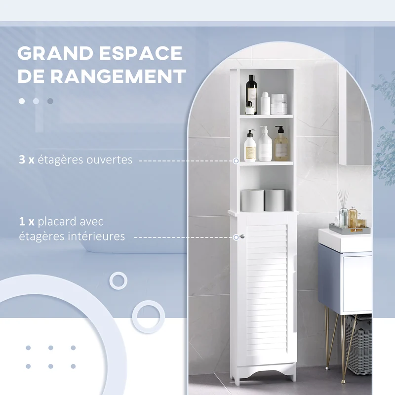 Meuble colonne salle de bain 34 x 20 x 165 cm multi rangements gain de place anti basculement moderne en MDF blanc 21_0001865