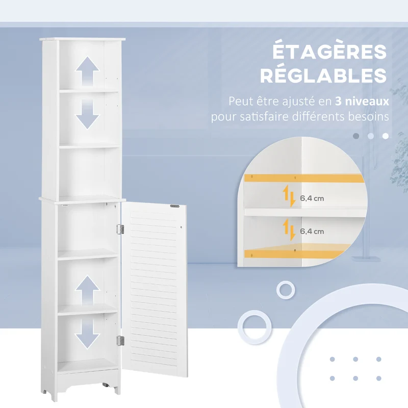 Meuble colonne salle de bain 34 x 20 x 165 cm multi rangements gain de place anti basculement moderne en MDF blanc 21_0001865
