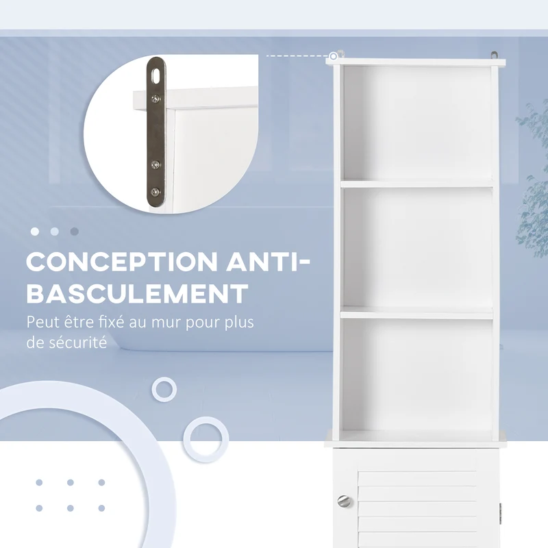 Meuble colonne salle de bain 34 x 20 x 165 cm multi rangements gain de place anti basculement moderne en MDF blanc 21_0001865