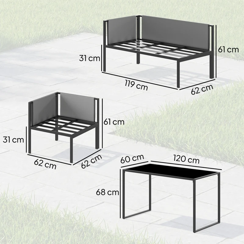 Lot de 6 salon de jardin canapé d'angle 181 x 181 x 61 cm coussins 10 cm poche accoudoir contemporain en acier gris 21_0005362