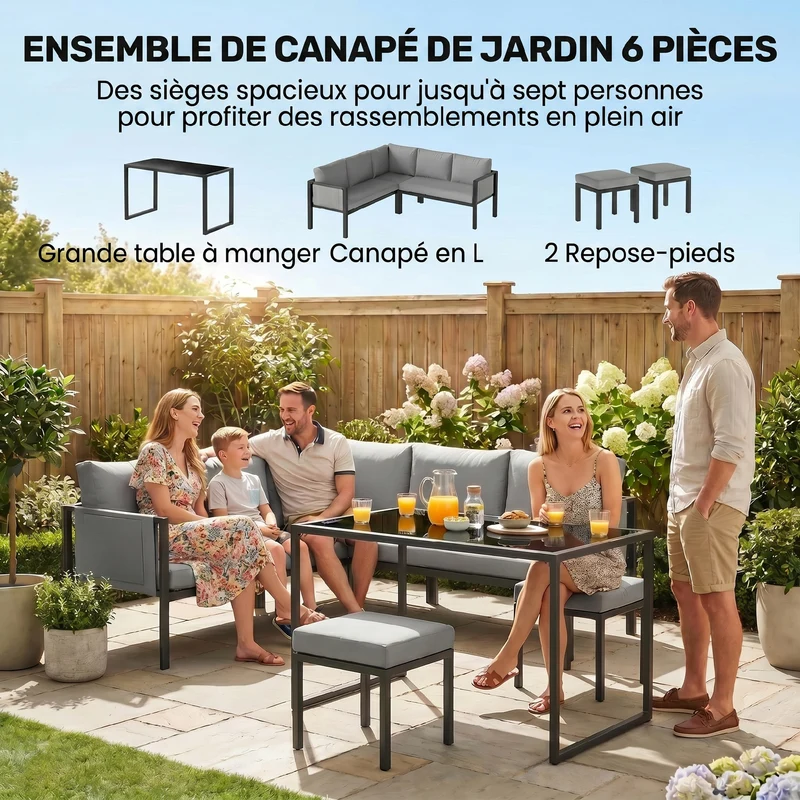 Lot de 6 salon de jardin canapé d'angle 181 x 181 x 61 cm coussins 10 cm poche accoudoir contemporain en acier gris 21_0005362