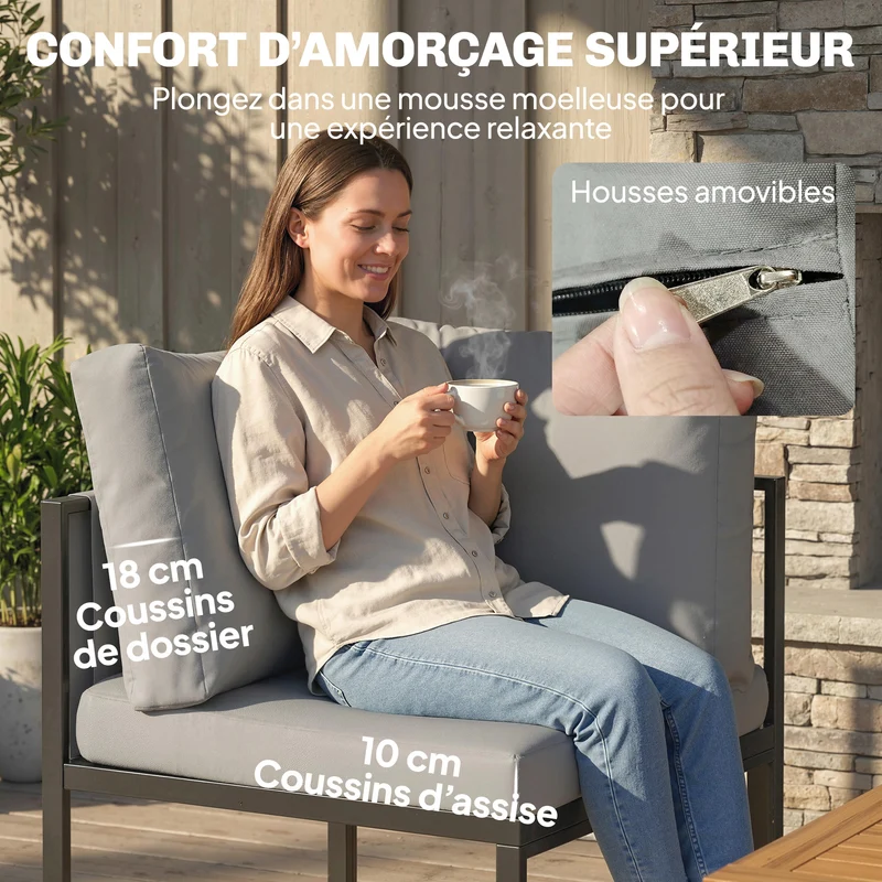 Lot de 6 salon de jardin canapé d'angle 181 x 181 x 61 cm coussins 10 cm poche accoudoir contemporain en acier gris 21_0005362