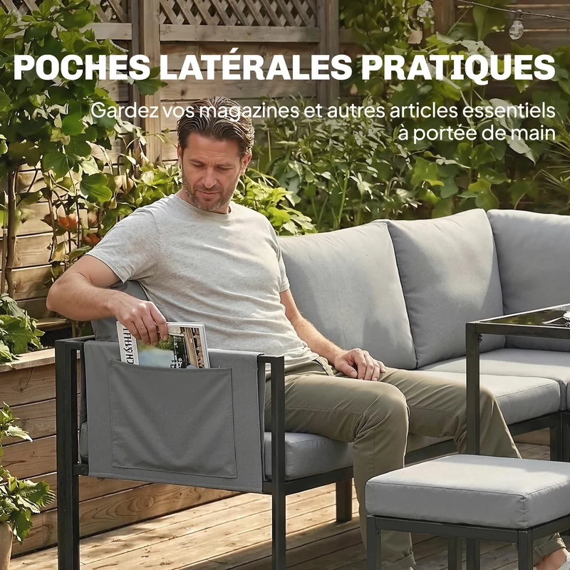 Lot de 6 salon de jardin canapé d'angle 181 x 181 x 61 cm coussins 10 cm poche accoudoir contemporain en acier gris 21_0005362
