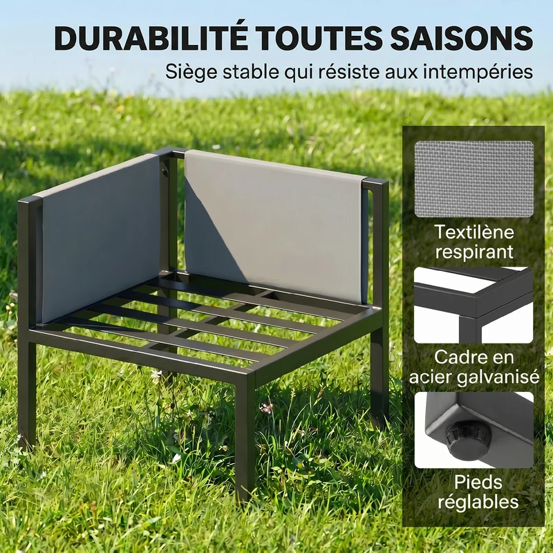 Lot de 6 salon de jardin canapé d'angle 181 x 181 x 61 cm coussins 10 cm poche accoudoir contemporain en acier gris 21_0005362