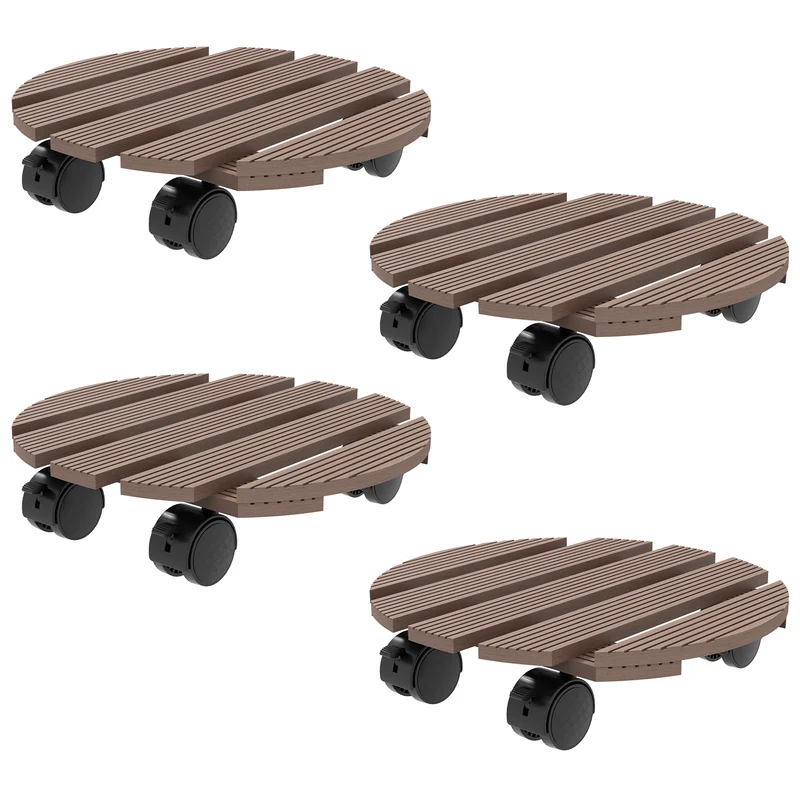 Lot de 4 supports ronds plantes intérieur extérieur 30 x 7 cm roulettes charge 50 kg rustique en bois composite marron 21_0005455
