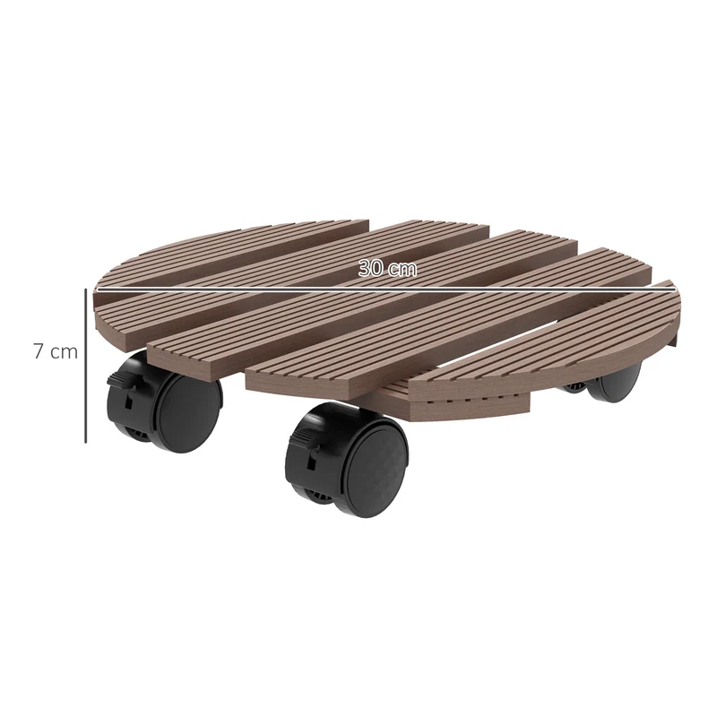 Lot de 4 supports ronds plantes intérieur extérieur 30 x 7 cm roulettes charge 50 kg rustique en bois composite marron 21_0005455