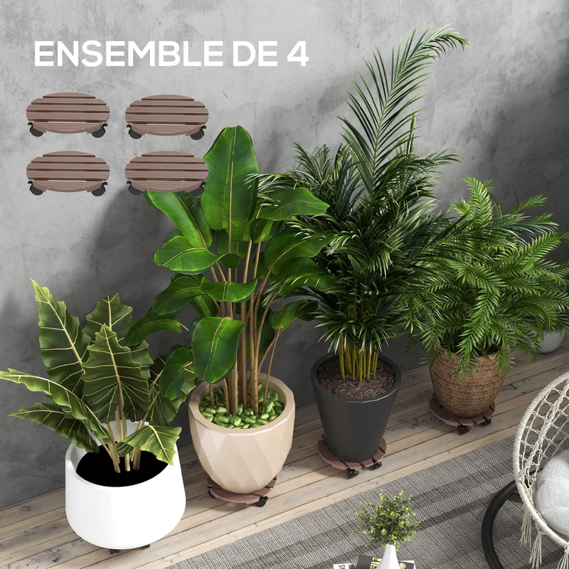 Lot de 4 supports ronds plantes intérieur extérieur 30 x 7 cm roulettes charge 50 kg rustique en bois composite marron 21_0005455