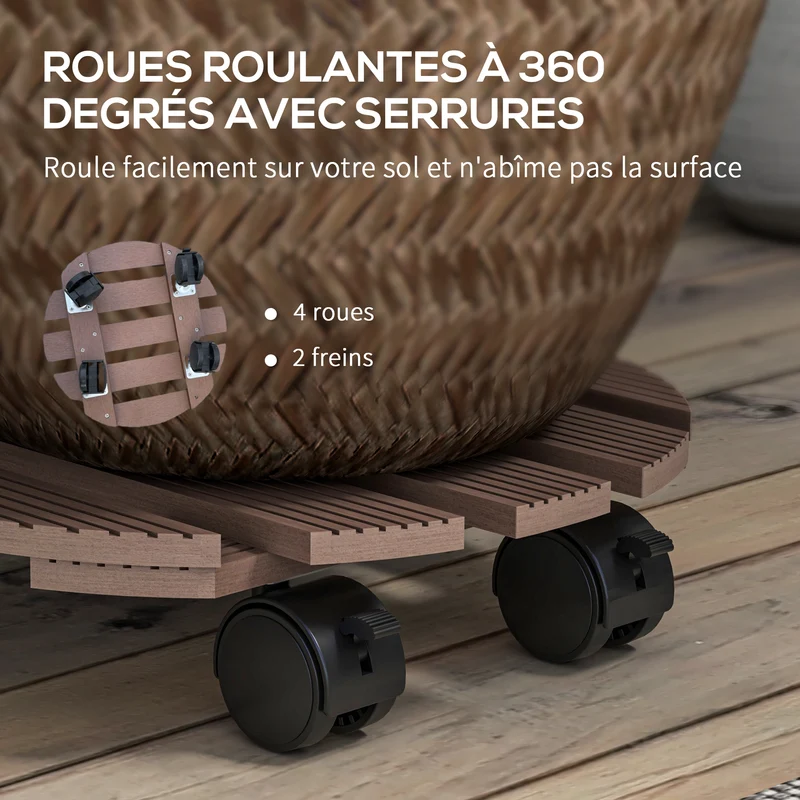 Lot de 4 supports ronds plantes intérieur extérieur 30 x 7 cm roulettes charge 50 kg rustique en bois composite marron 21_0005455