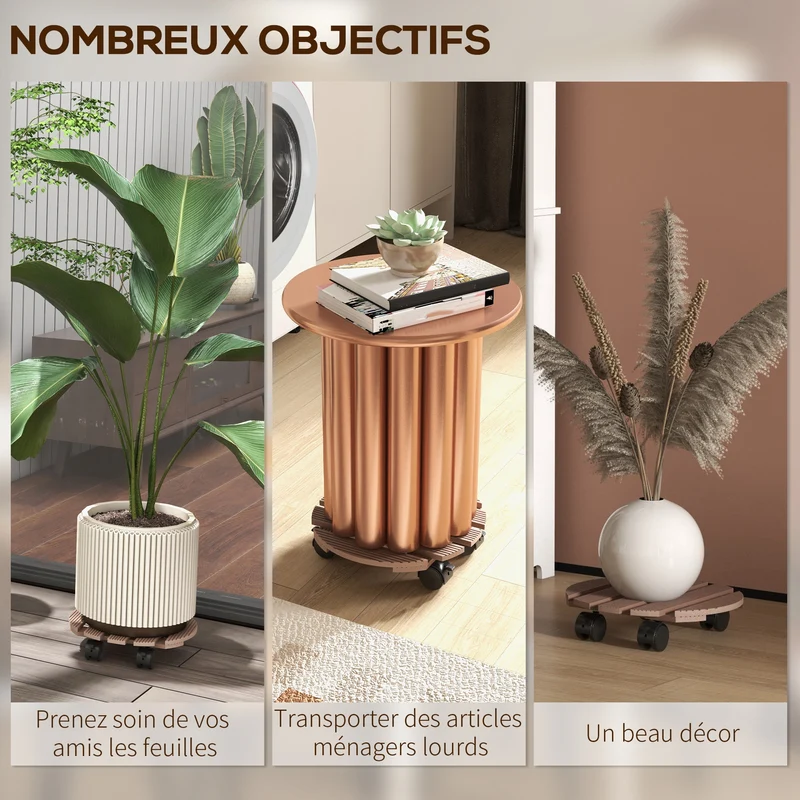 Lot de 4 supports ronds plantes intérieur extérieur 30 x 7 cm roulettes charge 50 kg rustique en bois composite marron 21_0005455