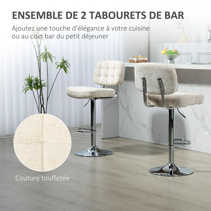 Lot de 2 tabourets de bar à dossier 51 x 45 x 94-115 cm réglables pivotants 360° pour îlot moderne en polyester beige 21_0003285