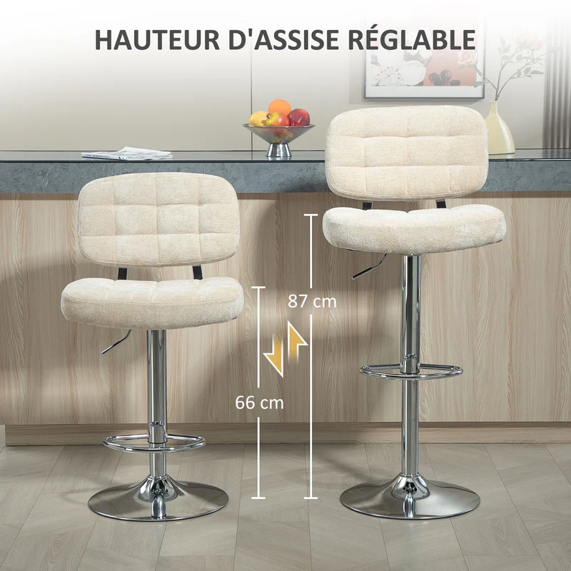 Lot de 2 tabourets de bar à dossier 51 x 45 x 94-115 cm réglables pivotants 360° pour îlot moderne en polyester beige 21_0003285