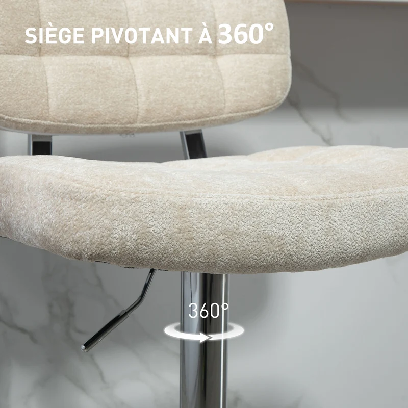Lot de 2 tabourets de bar à dossier 51 x 45 x 94-115 cm réglables pivotants 360° pour îlot moderne en polyester beige 21_0003285