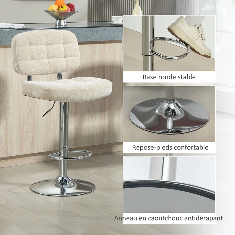 Lot de 2 tabourets de bar à dossier 51 x 45 x 94-115 cm réglables pivotants 360° pour îlot moderne en polyester beige 21_0003285