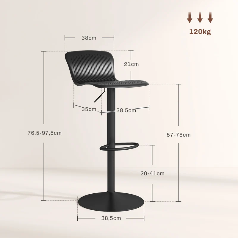 Lot de 2 tabourets de bar 38,5 x 40 x 76,5-97,5 cm assise pivotante 360° repose-pieds hauteur réglable design en PP noir 21_0003257