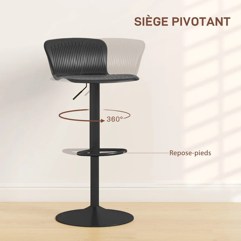 Lot de 2 tabourets de bar 38,5 x 40 x 76,5-97,5 cm assise pivotante 360° repose-pieds hauteur réglable design en PP noir 21_0003257