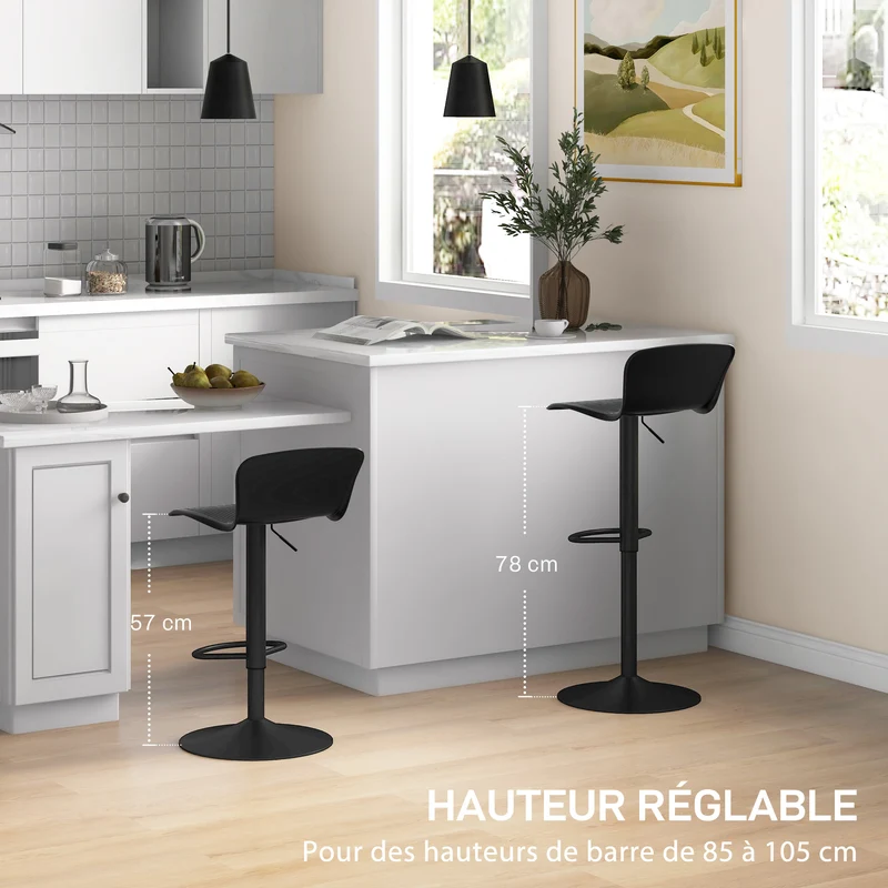 Lot de 2 tabourets de bar 38,5 x 40 x 76,5-97,5 cm assise pivotante 360° repose-pieds hauteur réglable design en PP noir 21_0003257