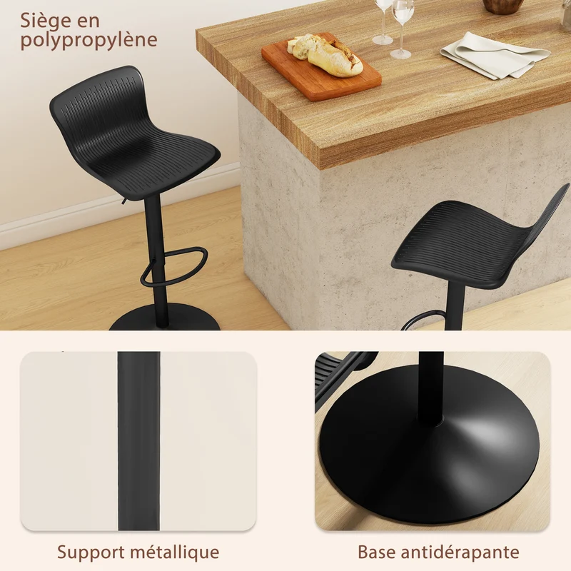 Lot de 2 tabourets de bar 38,5 x 40 x 76,5-97,5 cm assise pivotante 360° repose-pieds hauteur réglable design en PP noir 21_0003257