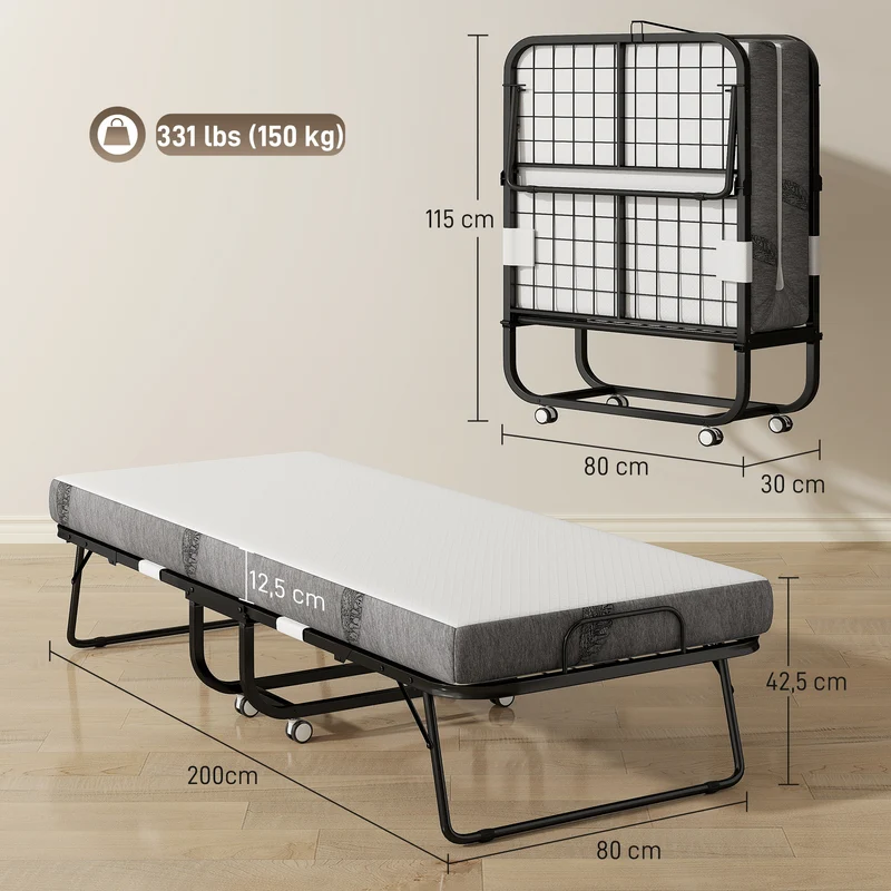 Lit pliant 1 personne d'appoint 200 x 80 x 42.5 cm gain de place avec roulettes freins moderne épuré en métal blanc 21_0001515