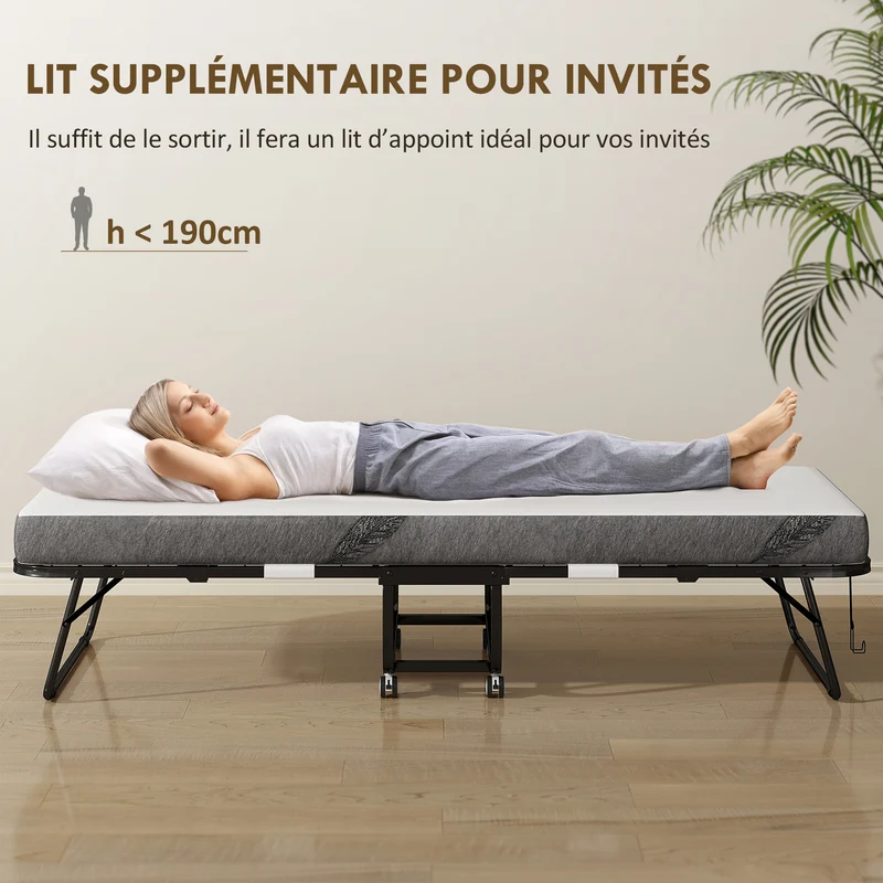 Lit pliant 1 personne d'appoint 200 x 80 x 42.5 cm gain de place avec roulettes freins moderne épuré en métal blanc 21_0001515
