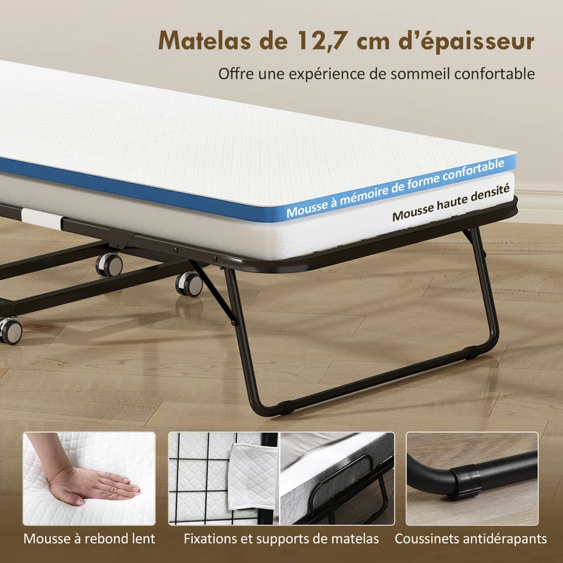Lit pliant 1 personne d'appoint 200 x 80 x 42.5 cm gain de place avec roulettes freins moderne épuré en métal blanc 21_0001515