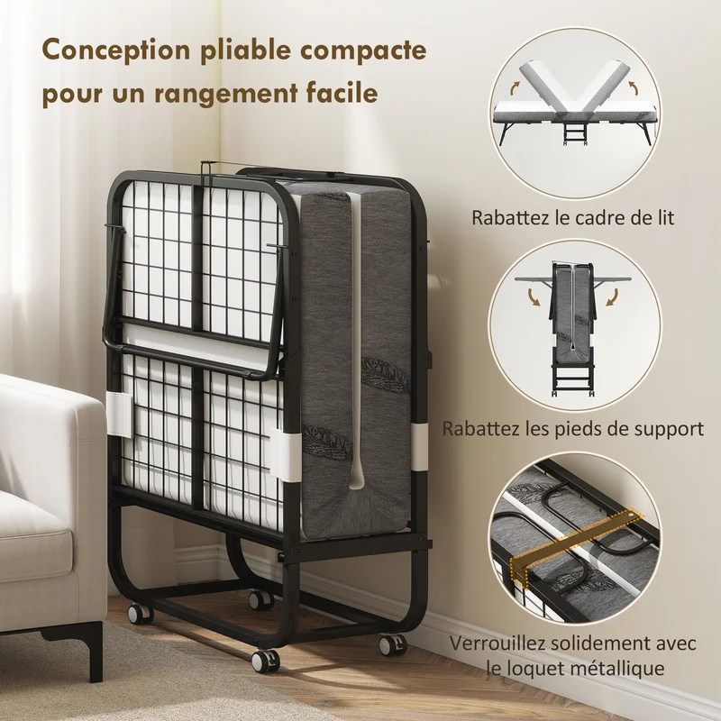 Lit pliant 1 personne d'appoint 200 x 80 x 42.5 cm gain de place avec roulettes freins moderne épuré en métal blanc 21_0001515