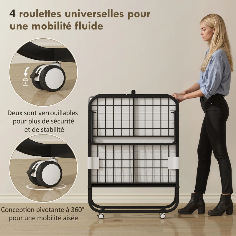 Lit pliant 1 personne d'appoint 200 x 80 x 42.5 cm gain de place avec roulettes freins moderne épuré en métal blanc 21_0001515
