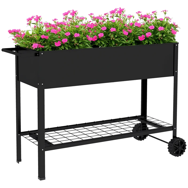 Jardinière potagère sur pieds 109 x 44 x 80 cm avec étagère et insert d'irrigation contemporain épuré en métal noir 21_0004168