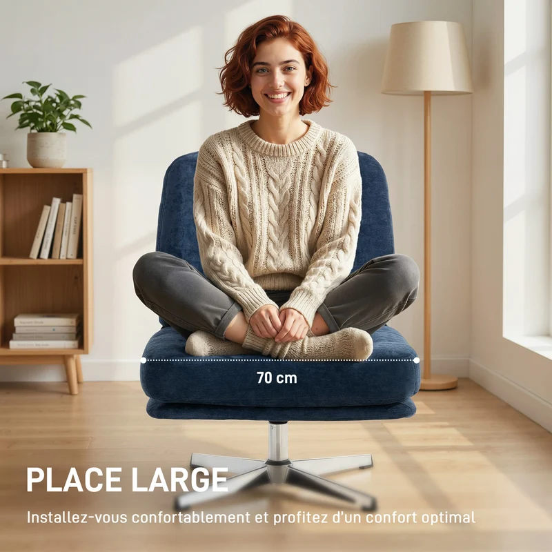 Fauteuil pivotant sans accoudoir 70 x 87 x 84 cm assise 70 cm dossier 17 cm moderne minimaliste en chenille bleu foncé 21_0003637