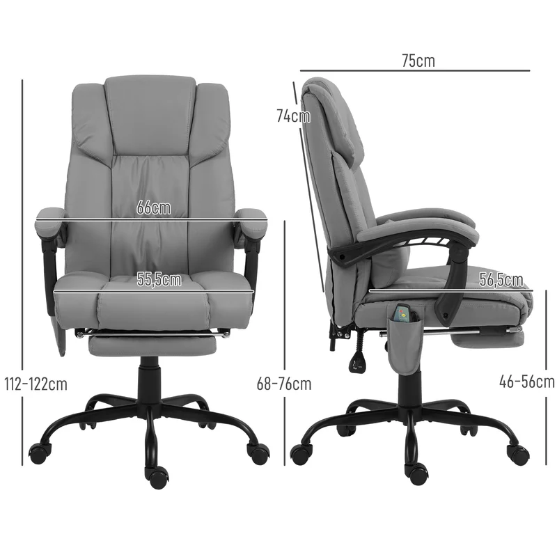Fauteuil de bureau massant 66 x 75 x 112-122 cm repose-pieds dossier inclinable style moderne contemporain en PU gris 21_0006182