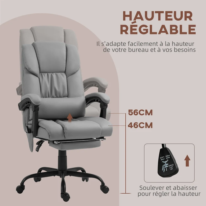 Fauteuil de bureau massant 66 x 75 x 112-122 cm repose-pieds dossier inclinable style moderne contemporain en PU gris 21_0006182