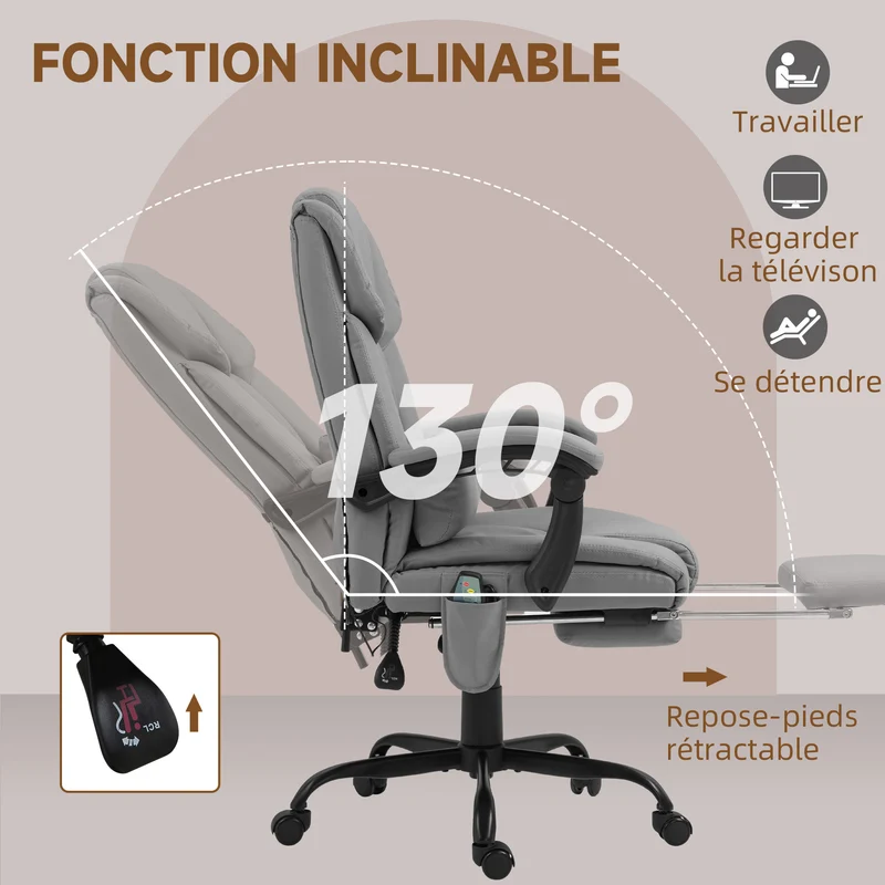 Fauteuil de bureau massant 66 x 75 x 112-122 cm repose-pieds dossier inclinable style moderne contemporain en PU gris 21_0006182