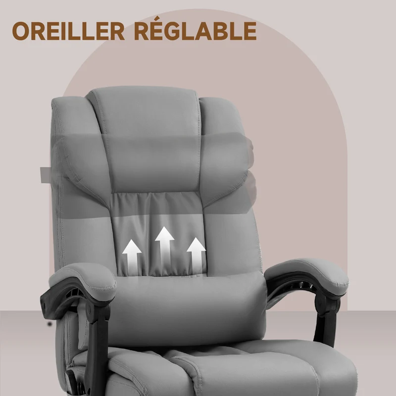 Fauteuil de bureau massant 66 x 75 x 112-122 cm repose-pieds dossier inclinable style moderne contemporain en PU gris 21_0006182