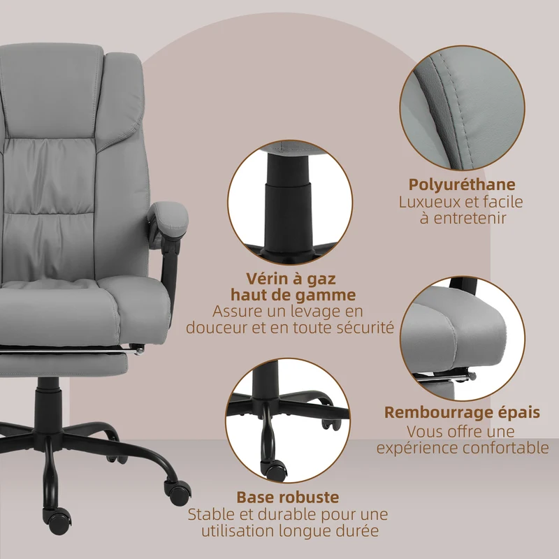 Fauteuil de bureau massant 66 x 75 x 112-122 cm repose-pieds dossier inclinable style moderne contemporain en PU gris 21_0006182