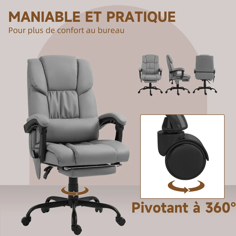 Fauteuil de bureau massant 66 x 75 x 112-122 cm repose-pieds dossier inclinable style moderne contemporain en PU gris 21_0006182