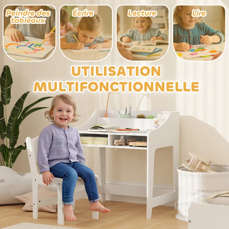 Ensemble bureau et chaise enfant 60 x 48 x 68 cm rangement intégré ergonomique scandinave pour 3-8 ans en MDF blanc 21_0000223