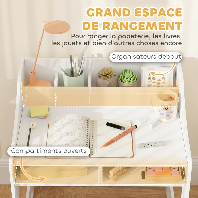 Ensemble bureau et chaise enfant 60 x 48 x 68 cm rangement intégré ergonomique scandinave pour 3-8 ans en MDF blanc 21_0000223
