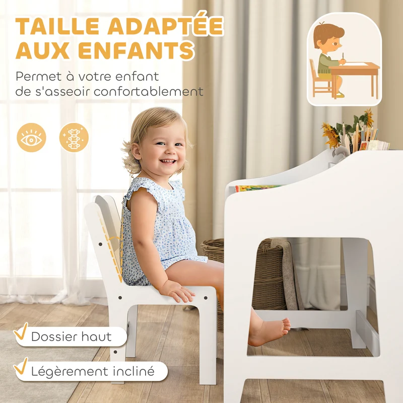 Ensemble bureau et chaise enfant 60 x 48 x 68 cm rangement intégré ergonomique scandinave pour 3-8 ans en MDF blanc 21_0000223