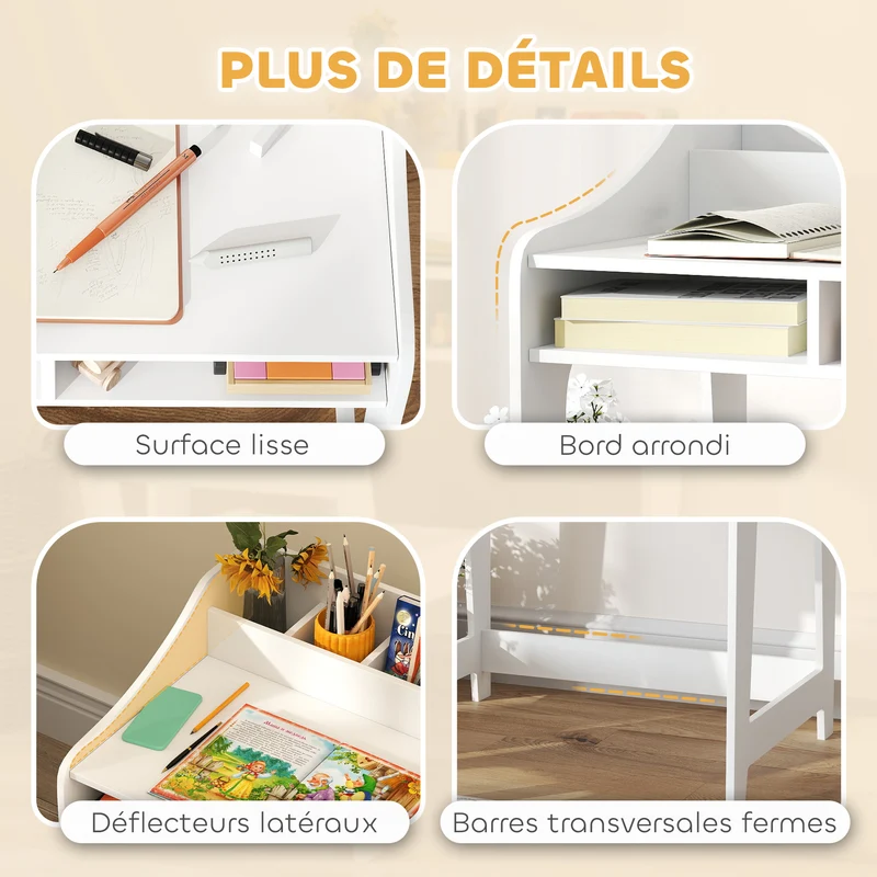 Ensemble bureau et chaise enfant 60 x 48 x 68 cm rangement intégré ergonomique scandinave pour 3-8 ans en MDF blanc 21_0000223