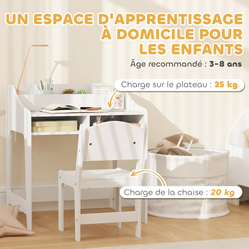 Ensemble bureau et chaise enfant 60 x 48 x 68 cm rangement intégré ergonomique scandinave pour 3-8 ans en MDF blanc 21_0000223